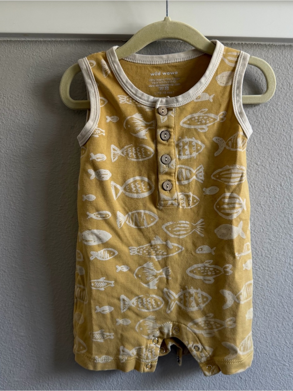 Wild Wawa Mustard Fish Print Kids One-Piece Romper